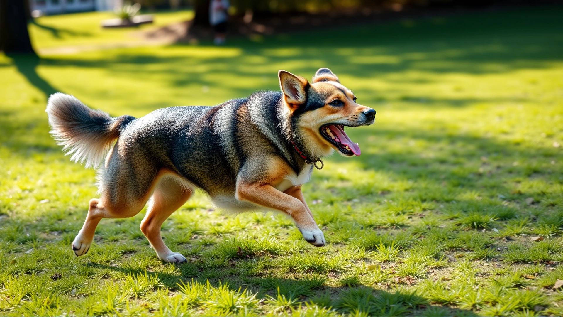 Energetic adult dog with a shiny coat running joyfully in a sunlit park, green grass in the background