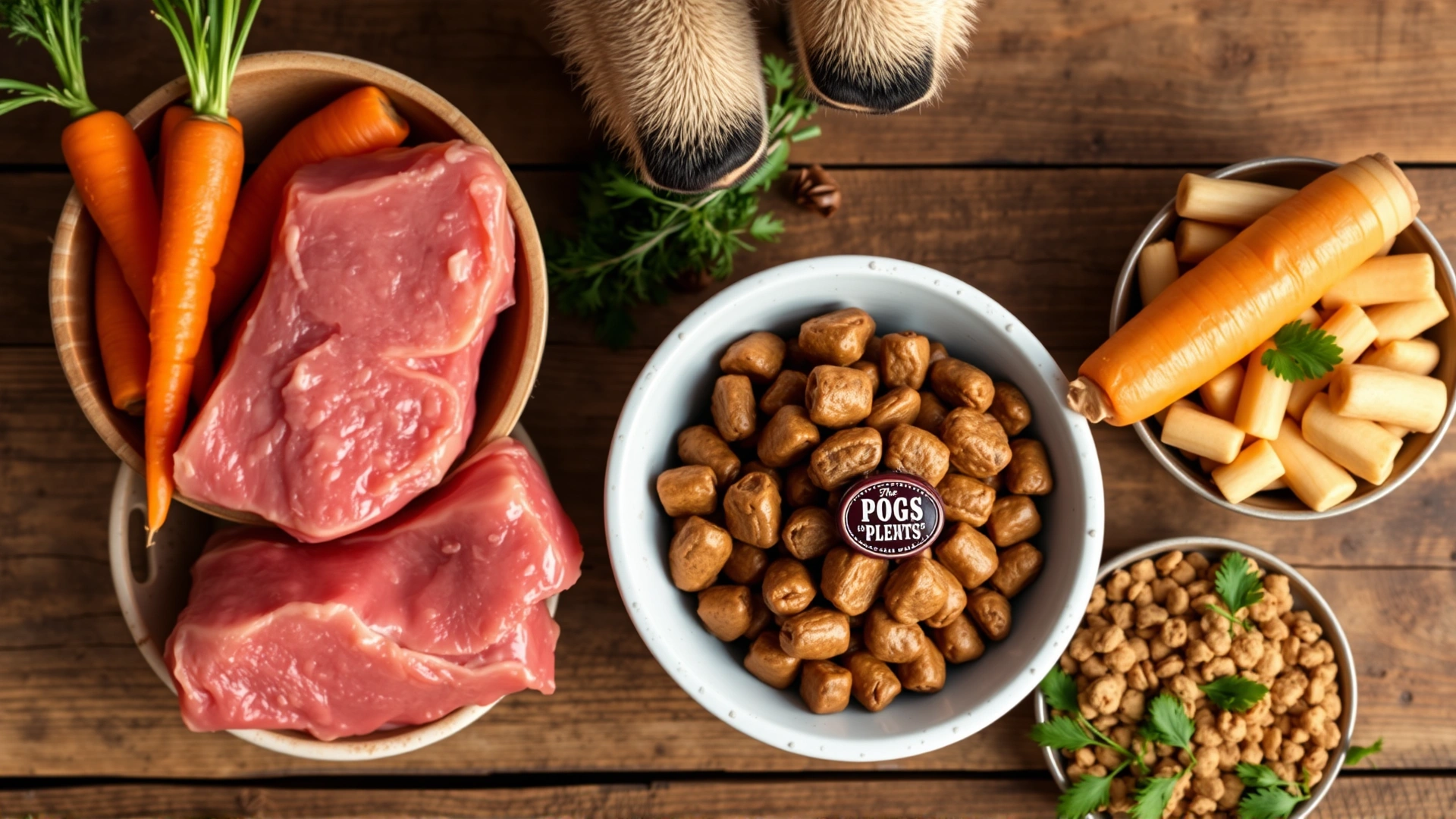 Selection of fresh dog-friendly foods (lean meat, carrots, kibble) neatly arranged in bowls on a rustic wooden table, top-down view