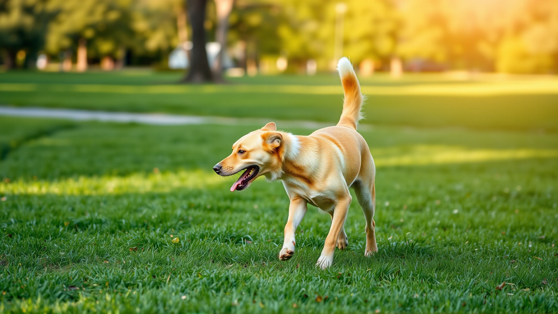 Side profile of an active dog running in a grassy park with its tail up, symbolizing healthy digestion, sunny day, motion blur effect.