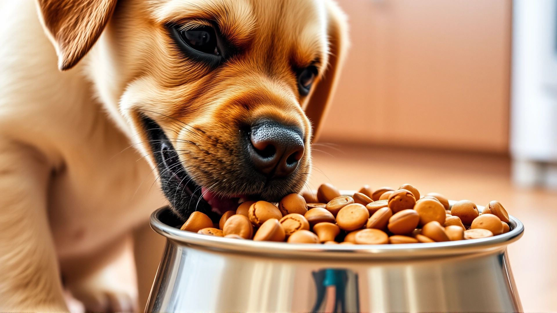 Close-up of a happy Labrador puppy eating from a stainless steel bowl filled with balanced kibble; kitchen background.