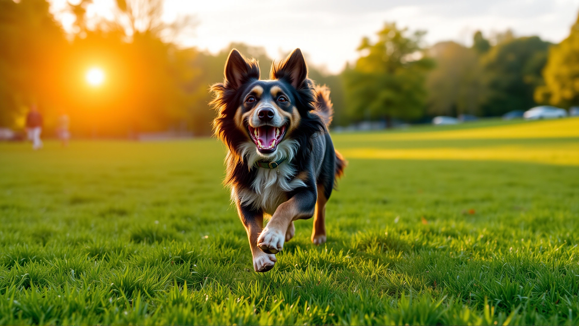 Happy dog running across a green park at sunrise, wide shot with warm colors and dynamic motion, representing healthy lifestyle after recovery, no text.