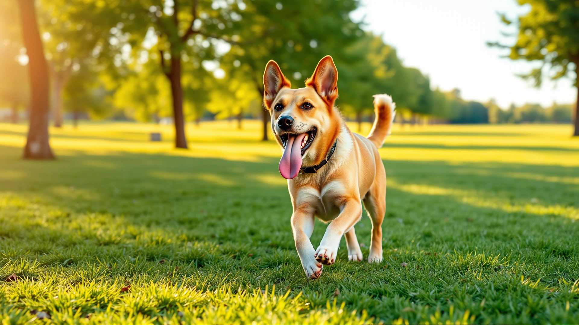 Happy dog running across a green park in golden-hour sunlight, tongue out, symbolizing health and vitality.