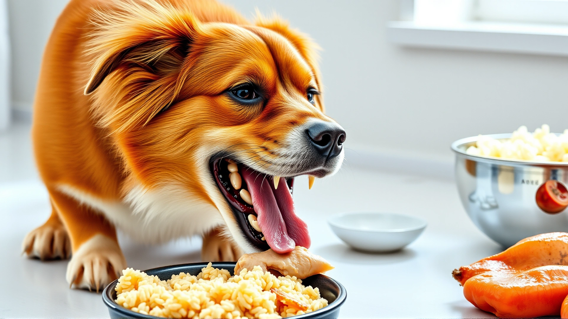 Happy dog eating a balanced meal from a clean bowl, with fresh ingredients like boiled chicken and rice visible nearby.