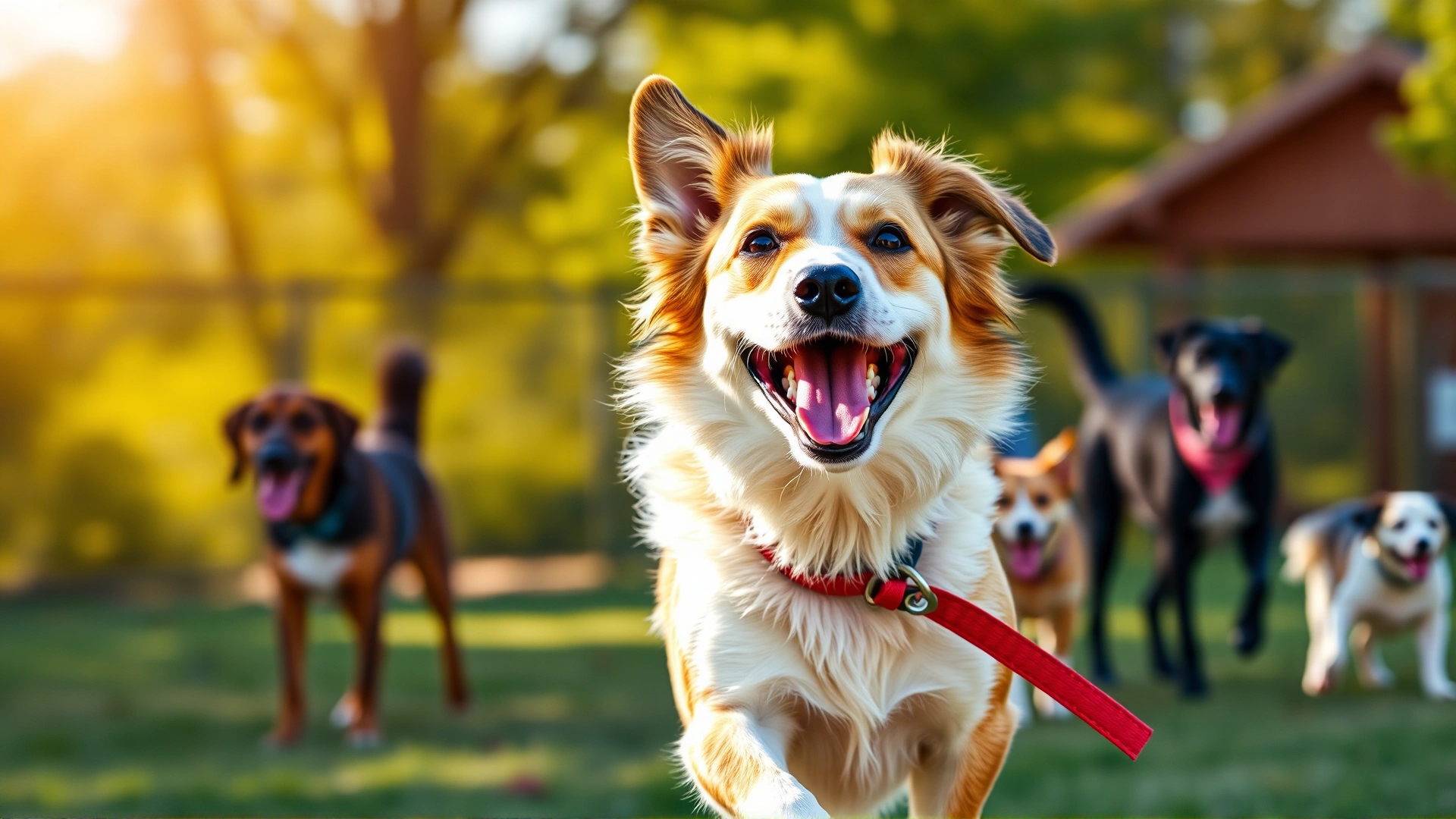 Happy vaccinated dog running freely in a sunny dog park with other dogs in the blurred background, vibrant colors