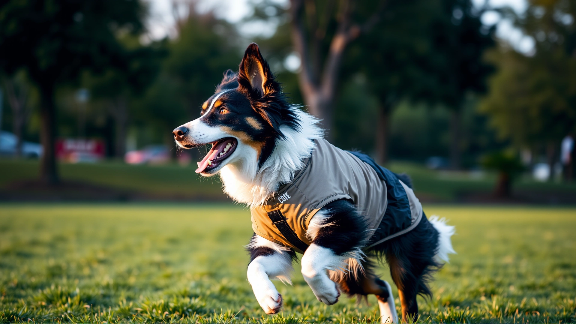 Energetic border collie wearing a lightweight protective shirt playing fetch in a park during late afternoon; no text.