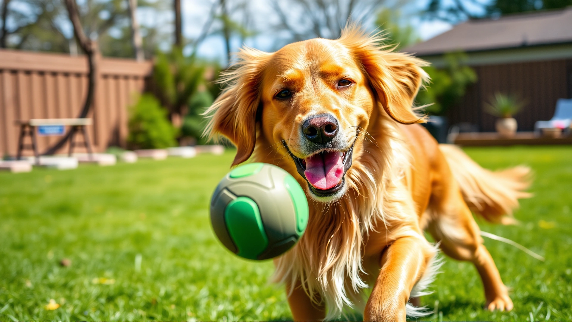Energetic golden retriever playing fetch with a ball in a sunny backyard, showing vitality from proper nutrition.