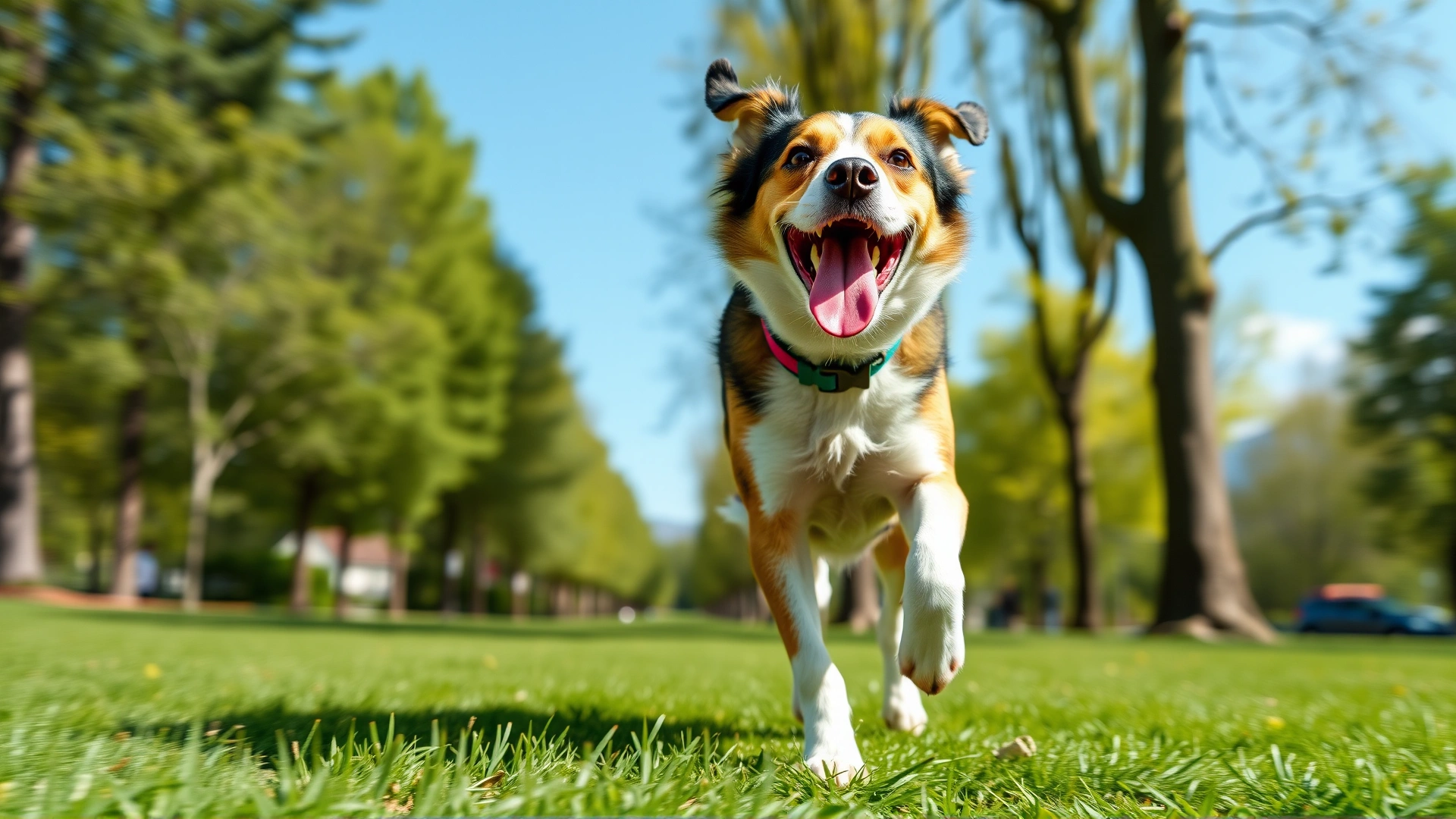 Happy, healthy dog running in a sunny green park, clear sky, motion blur on legs, vibrant colors, symbolizing prevention and good health