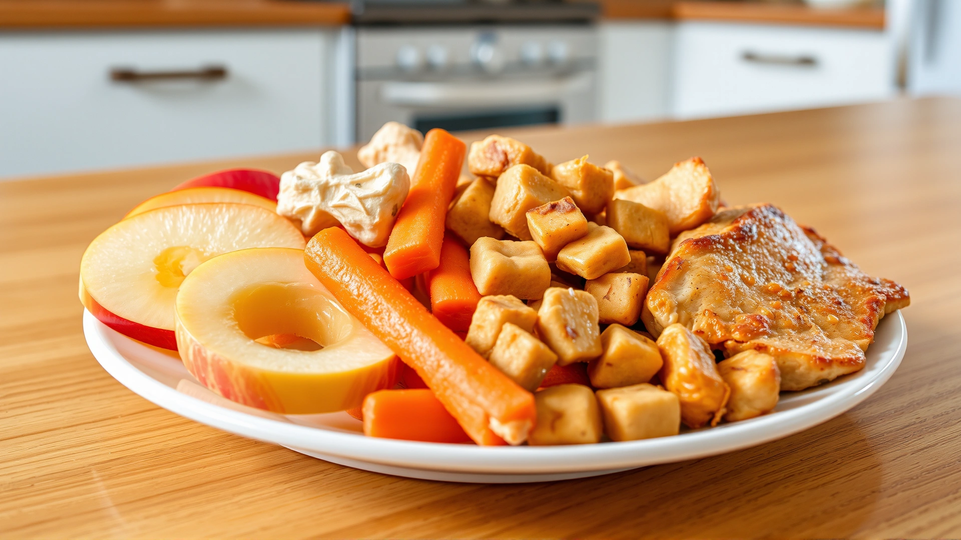 Assortment of healthy dog treats including apple slices, carrot sticks, and small pieces of cooked chicken neatly arranged on a white plate, bright kitchen countertop