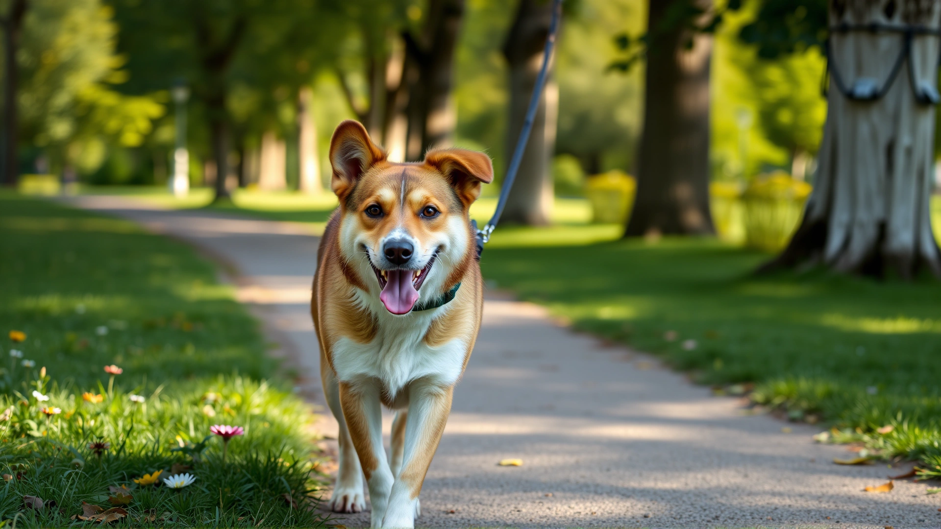 Happy mixed-breed dog walking outside on a green park path with its owner during a bright morning.