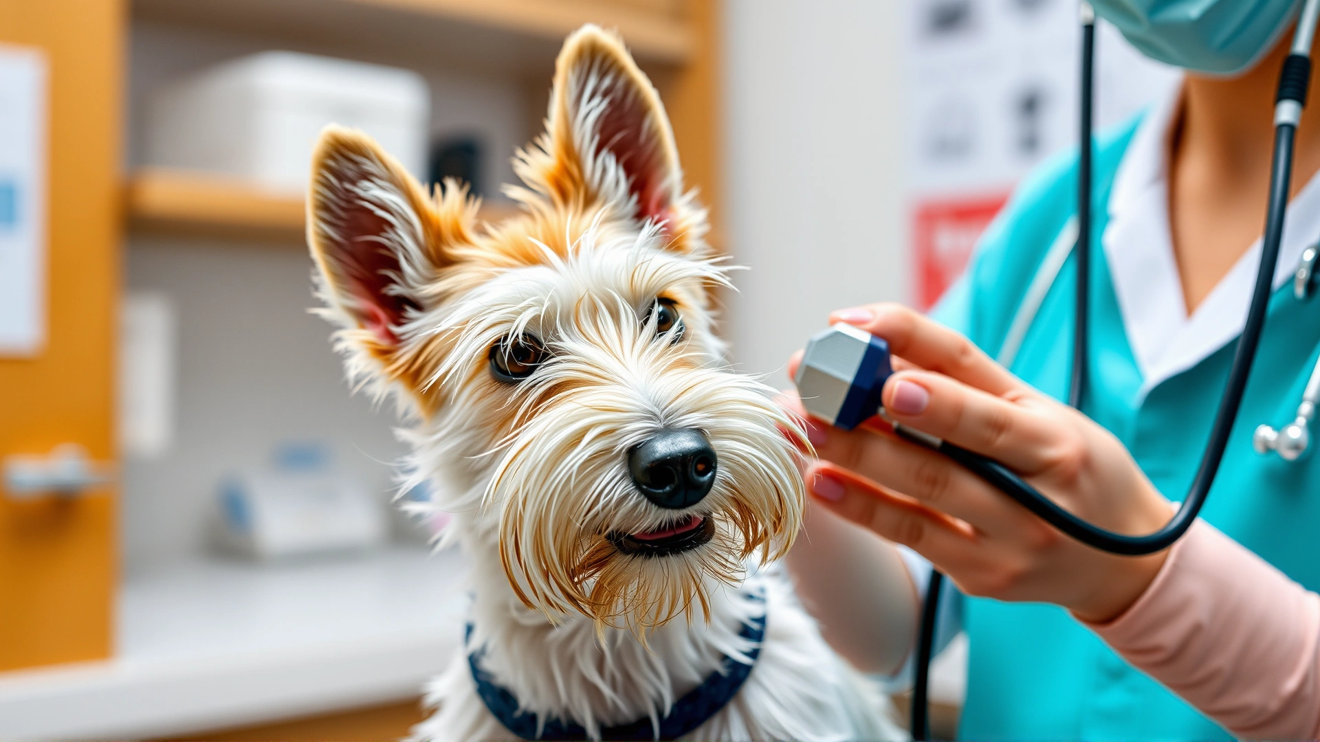 Wire Fox Terrier at a veterinarian clinic being examined with a stethoscope