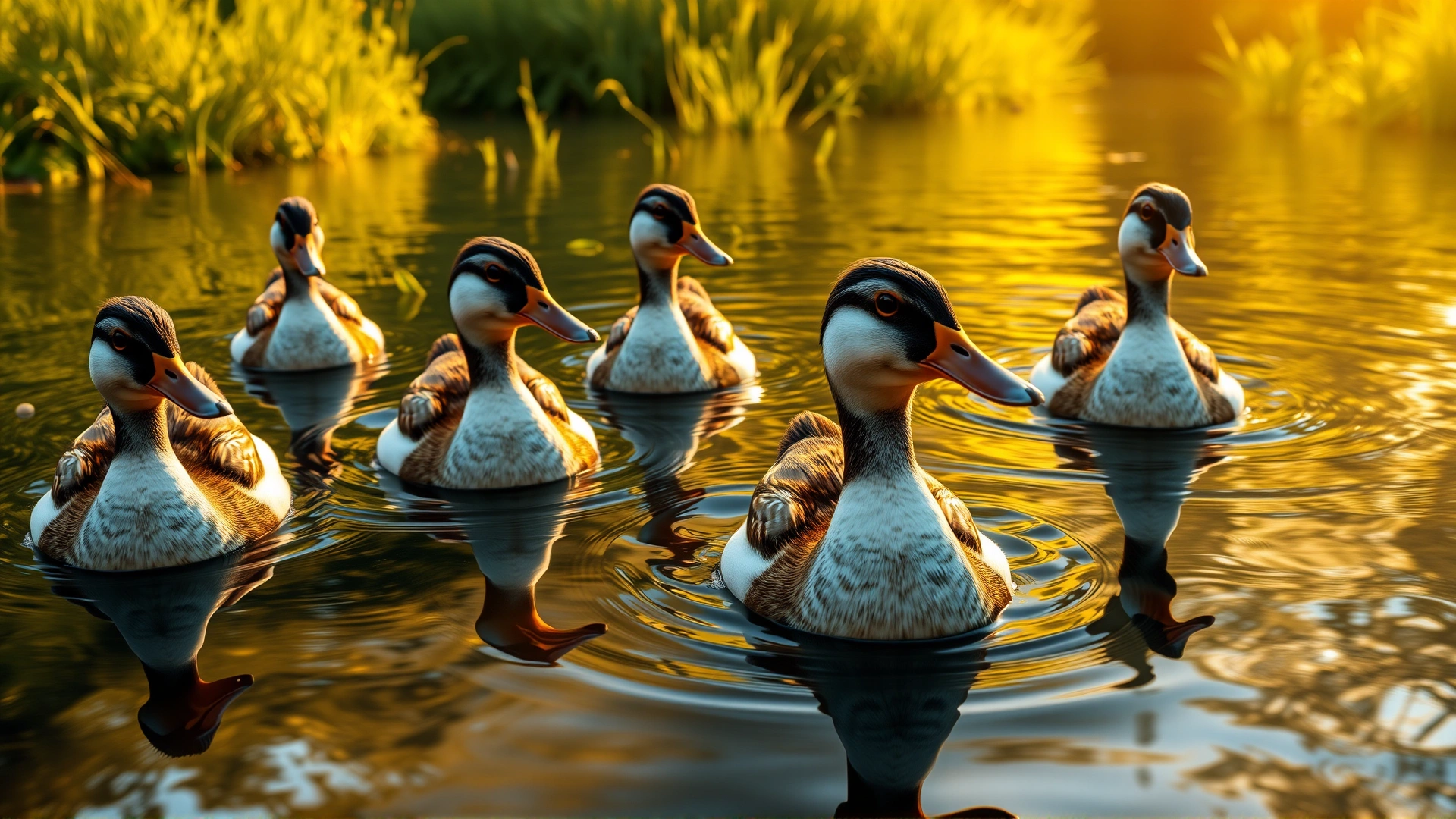 Group of healthy domestic ducks swimming peacefully in a clean pond at sunset, warm golden light, lush greenery around.