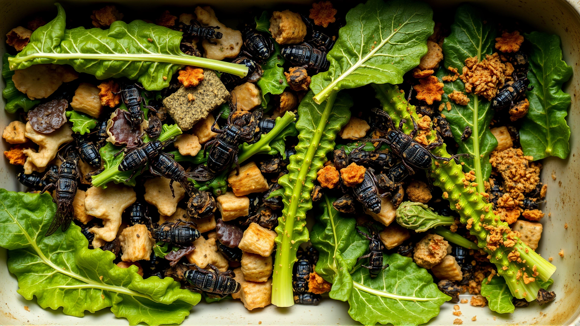 Top-down view of a colorful assortment of calcium-rich leafy greens and dusted insects prepared in a shallow dish for reptile feeding.