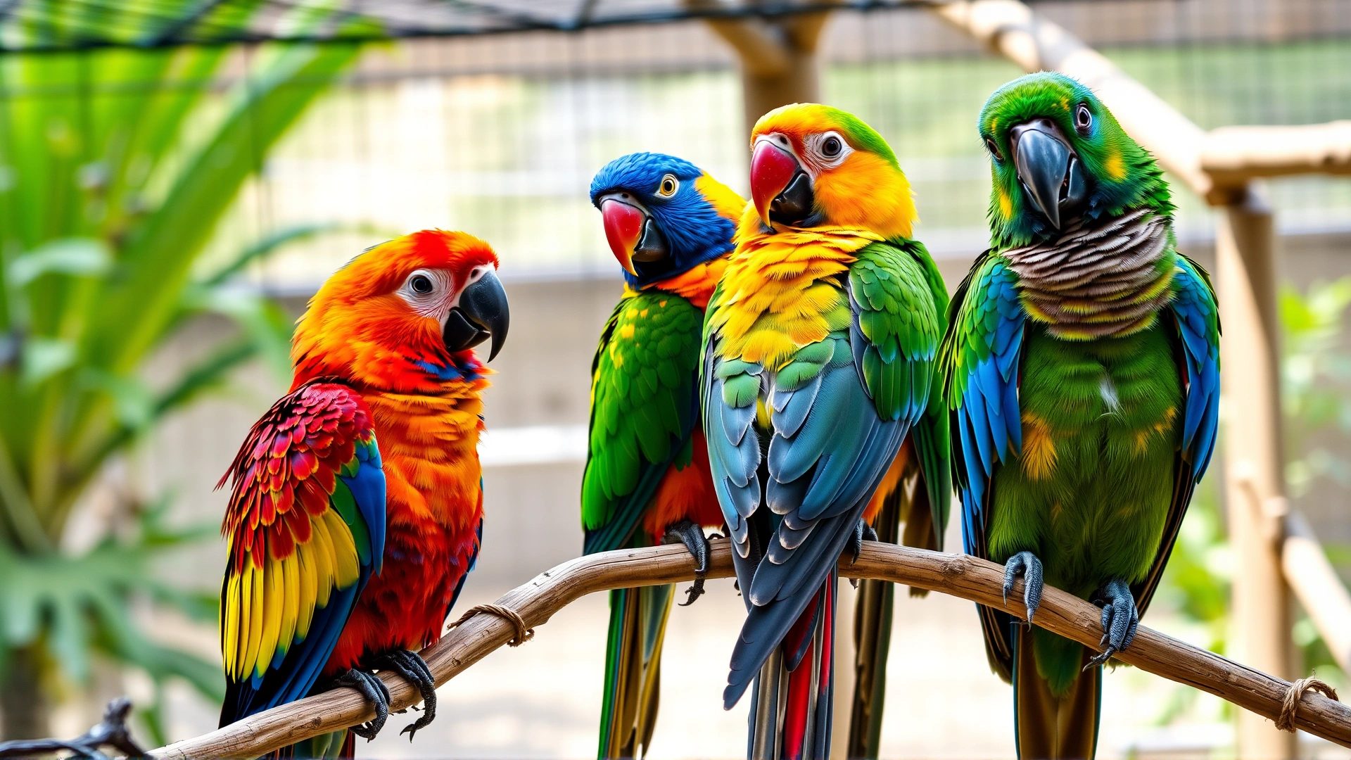 Group of vibrant parrots perched together in an outdoor aviary, all looking alert and healthy