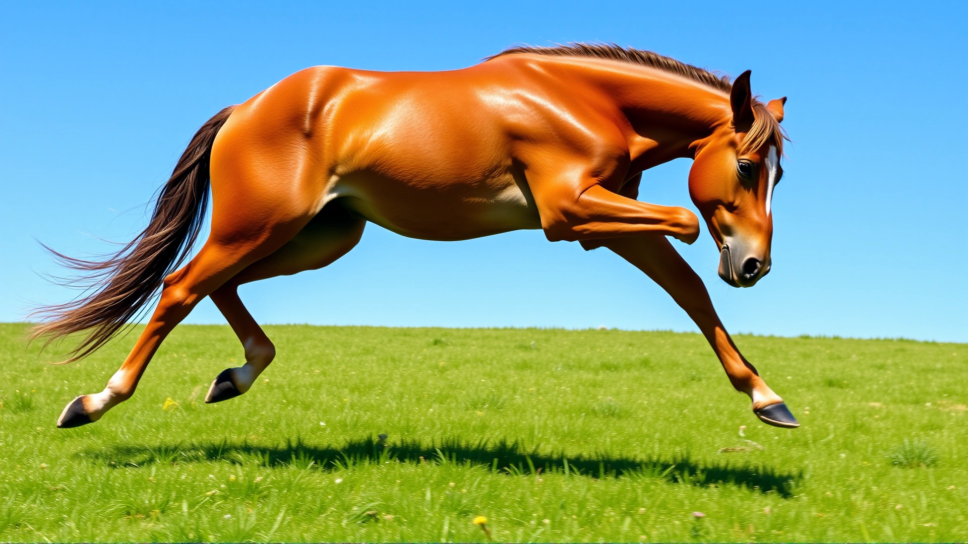 Young chestnut horse galloping freely across a green pasture under clear blue sky, capturing movement and vitality.