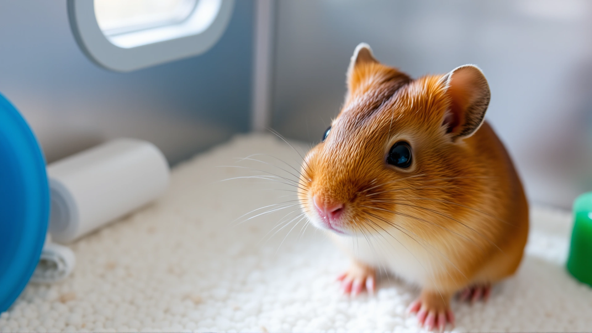 Healthy gerbil with smooth, shiny brown fur inside a clean enclosure, bright background