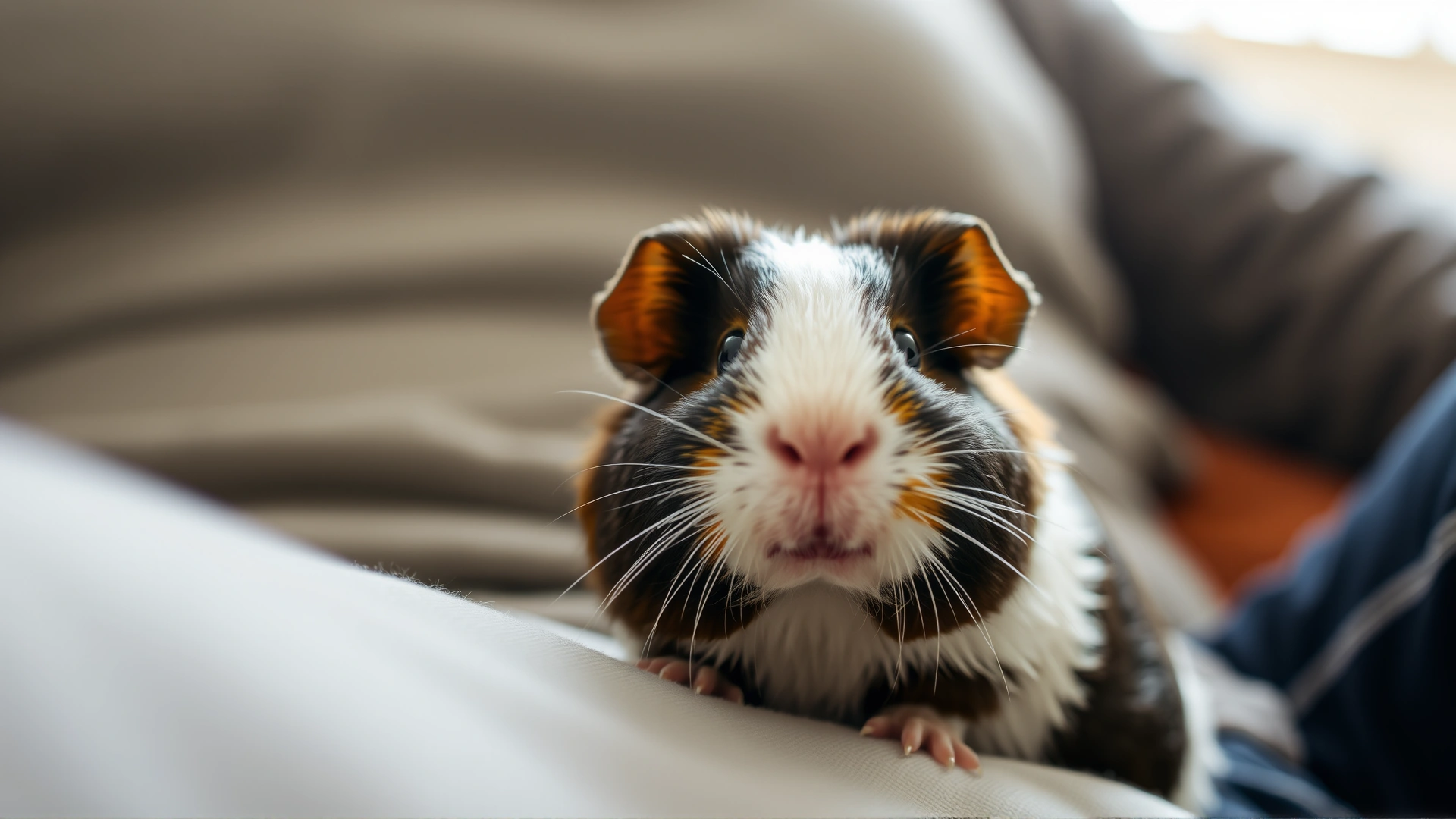 Happy guinea pig sitting on owner’s lap, fur shiny, bright eyes, cozy indoor setting.