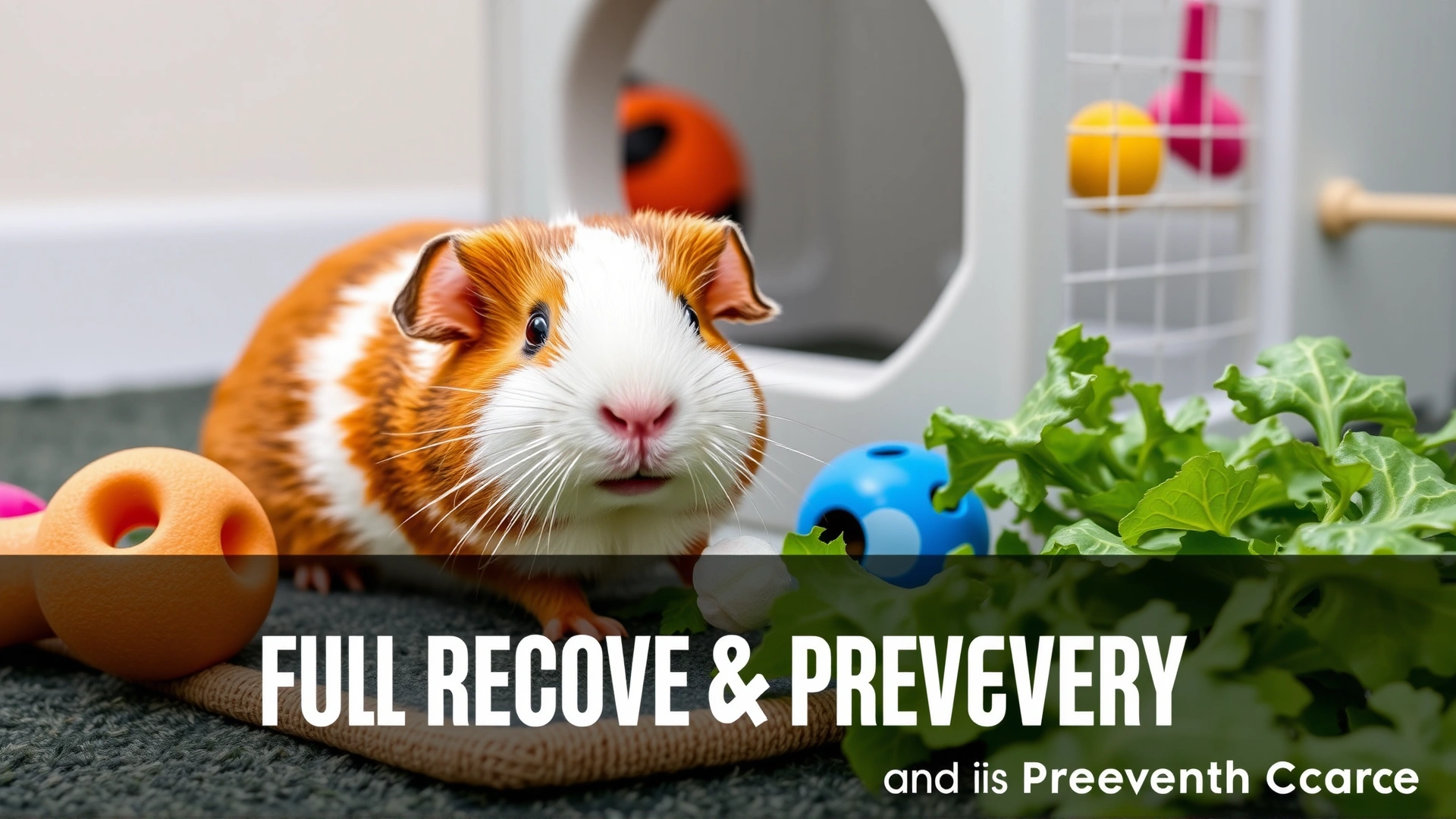 Happy, active guinea pig exploring a safe play area with chew toys and fresh greens, symbolizing full recovery and preventive care.