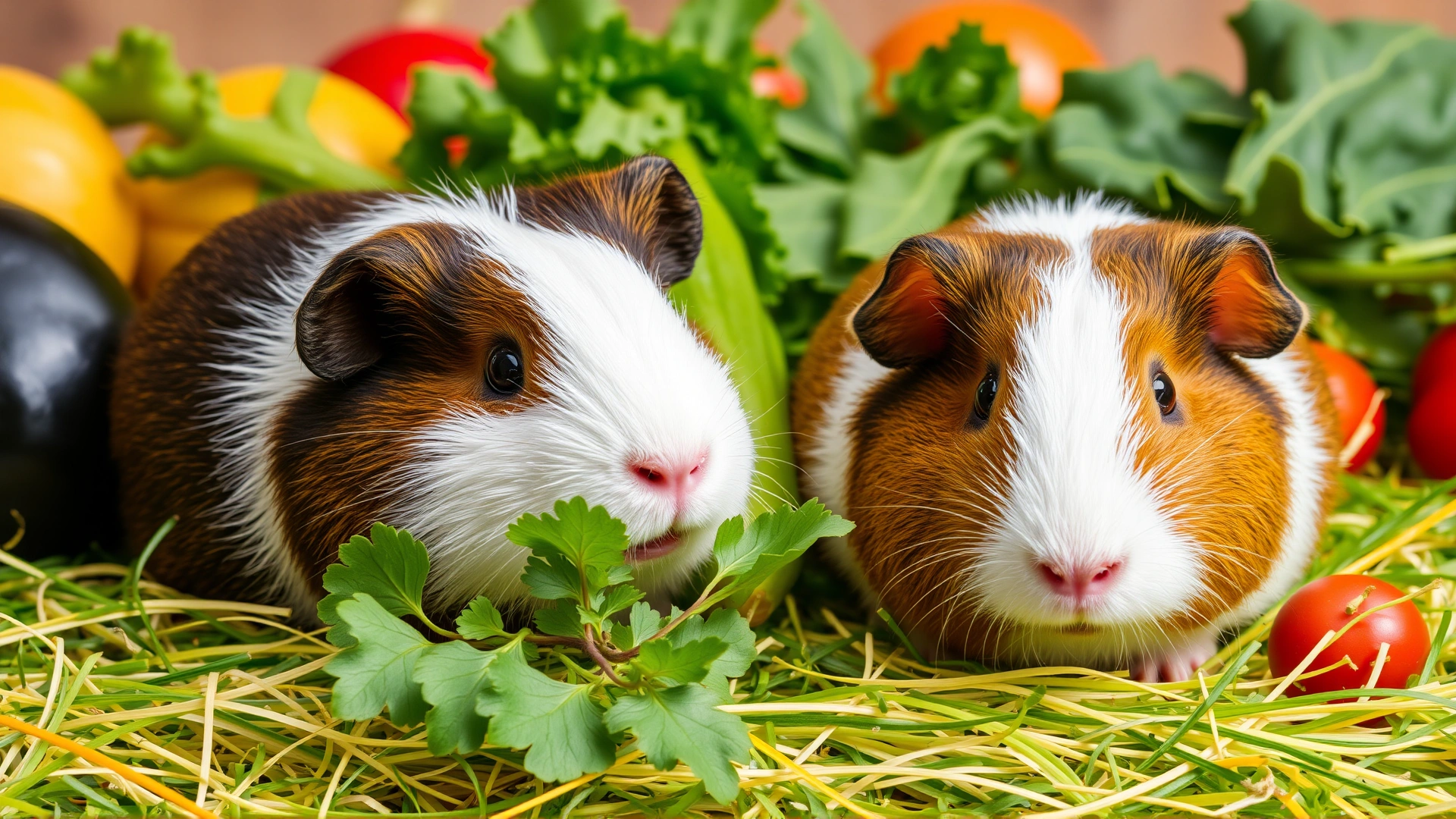 Two healthy guinea pigs relaxing on fresh hay with vibrant vegetables around them, symbolizing recovery and proper care.