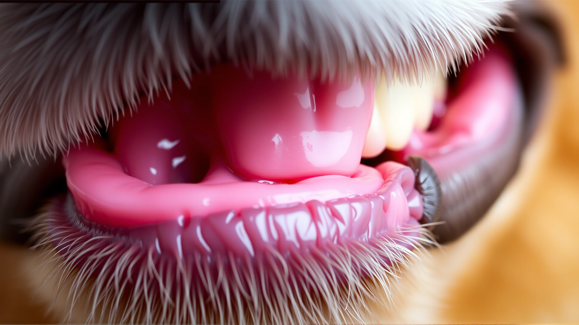Extreme close-up of healthy, moist, light-pink canine gums