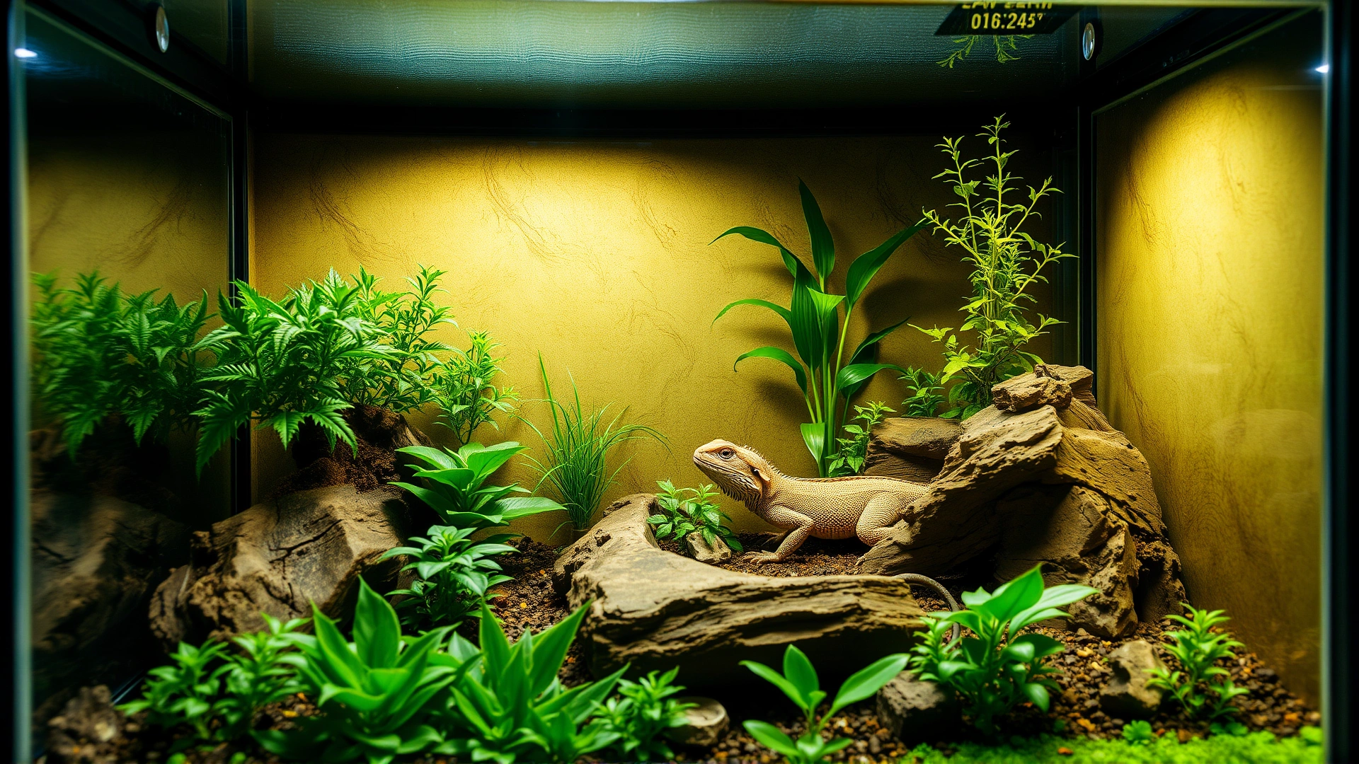 A well-designed reptile terrarium with proper lighting, temperature gradient, plants, and hiding spots, showcasing ideal husbandry.