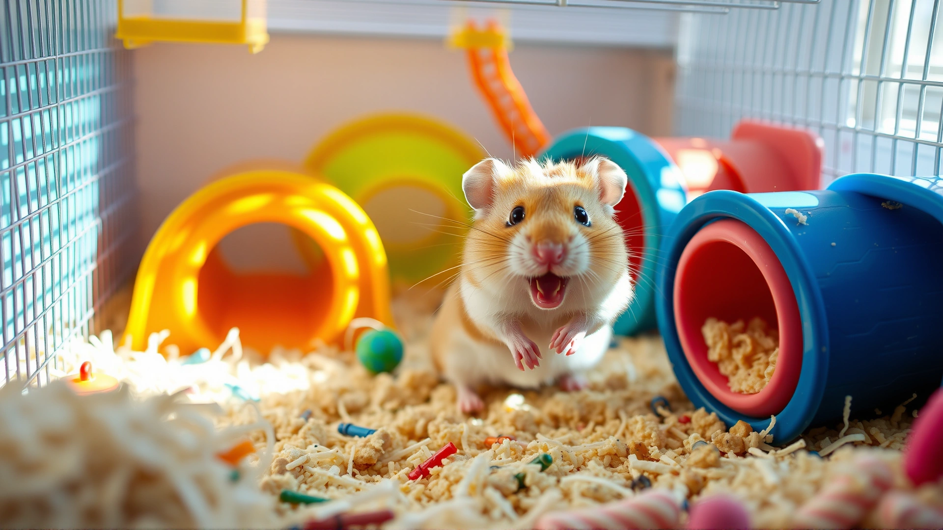 Happy hamster exploring a clean, well-equipped cage with colorful tunnels and fresh bedding, bright daylight, no text