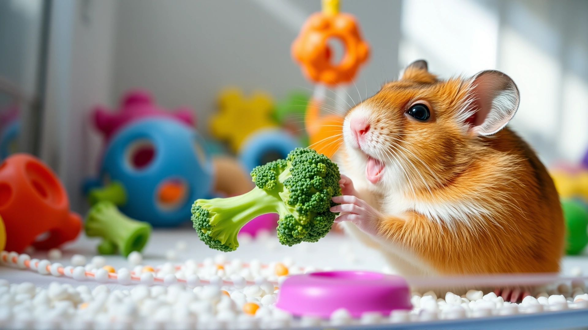 Happy hamster eating a small piece of broccoli in a clean enclosure with colorful chew toys in the background, bright natural light