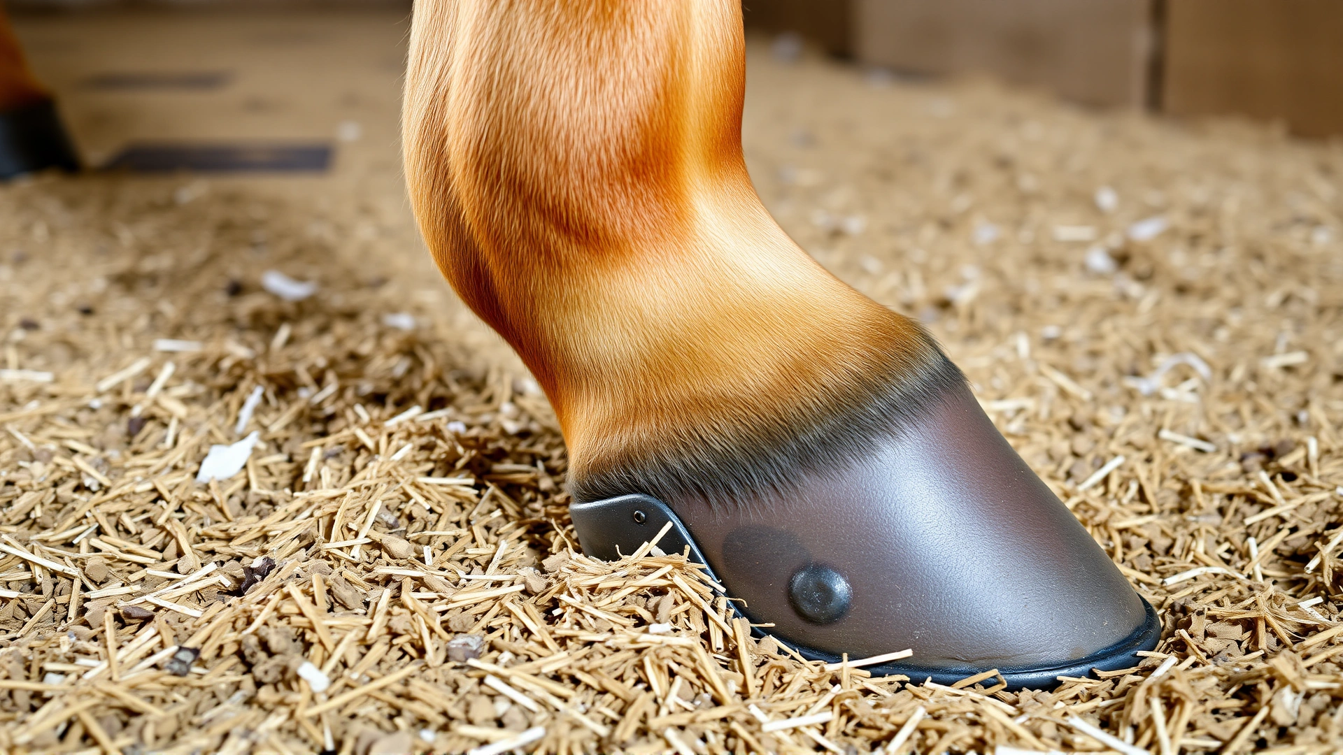 Healthy, well-trimmed horse hoof on dry bedding, demonstrating the goal condition after successful thrush treatment.