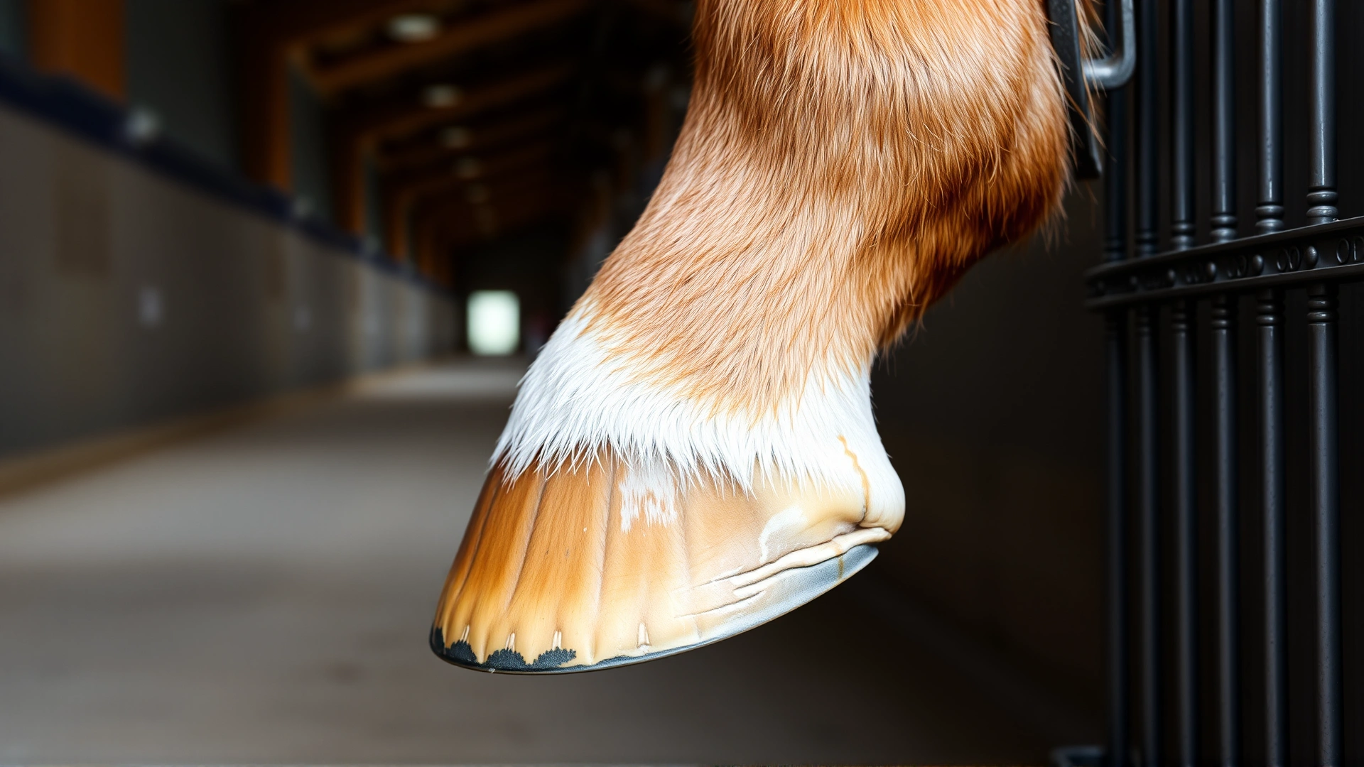 Macro shot of a perfectly healthy horse hoof after trimming, clean and shiny hoof wall, stable aisle background.