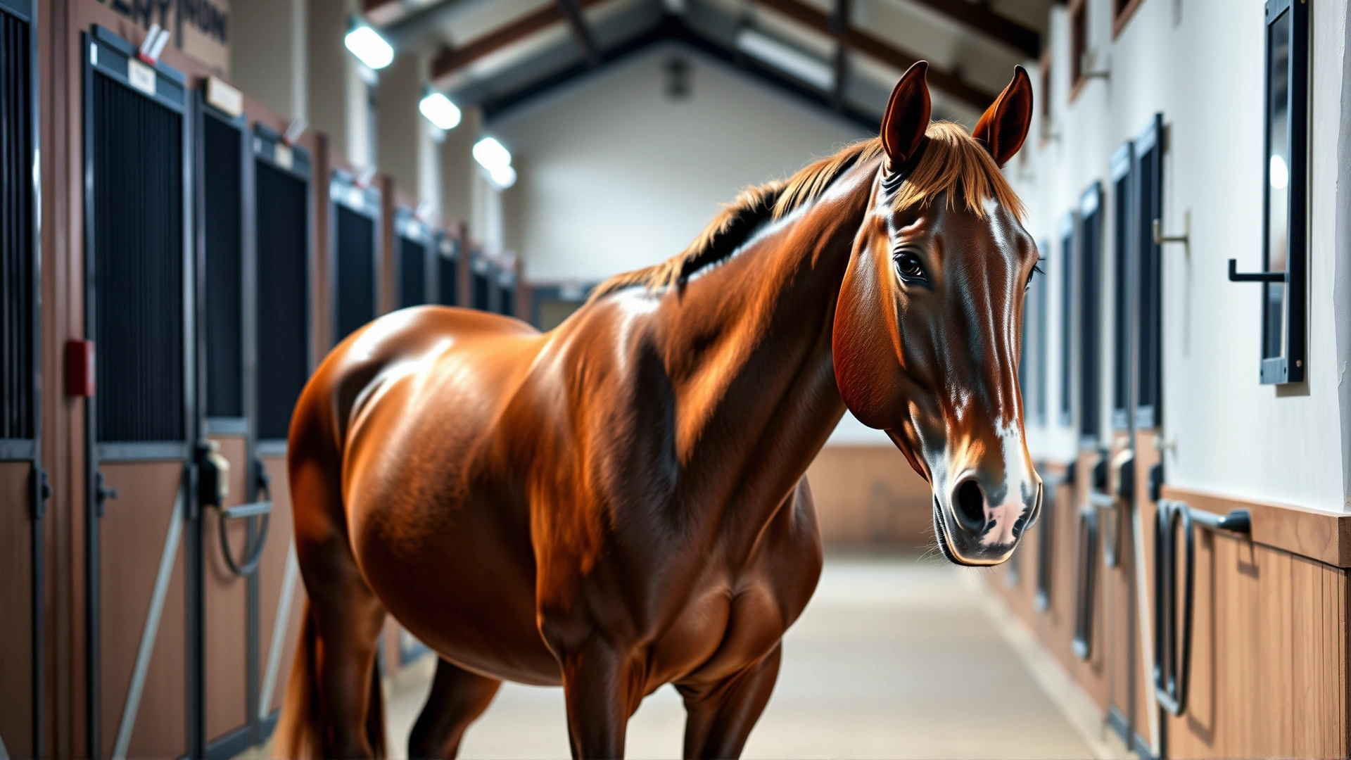 Glossy-coated horse standing alert in a well-lit stable corridor with relaxed ears, conveying recovery and overall wellbeing.