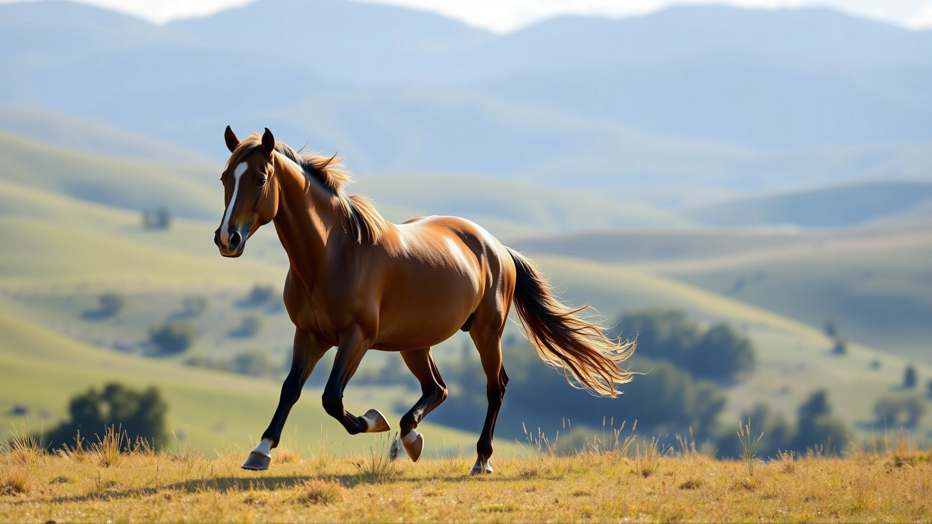 Vibrant image of a healthy horse trotting freely in a sunlit pasture with rolling hills in the background, symbolizing recovery and prevention. No text.