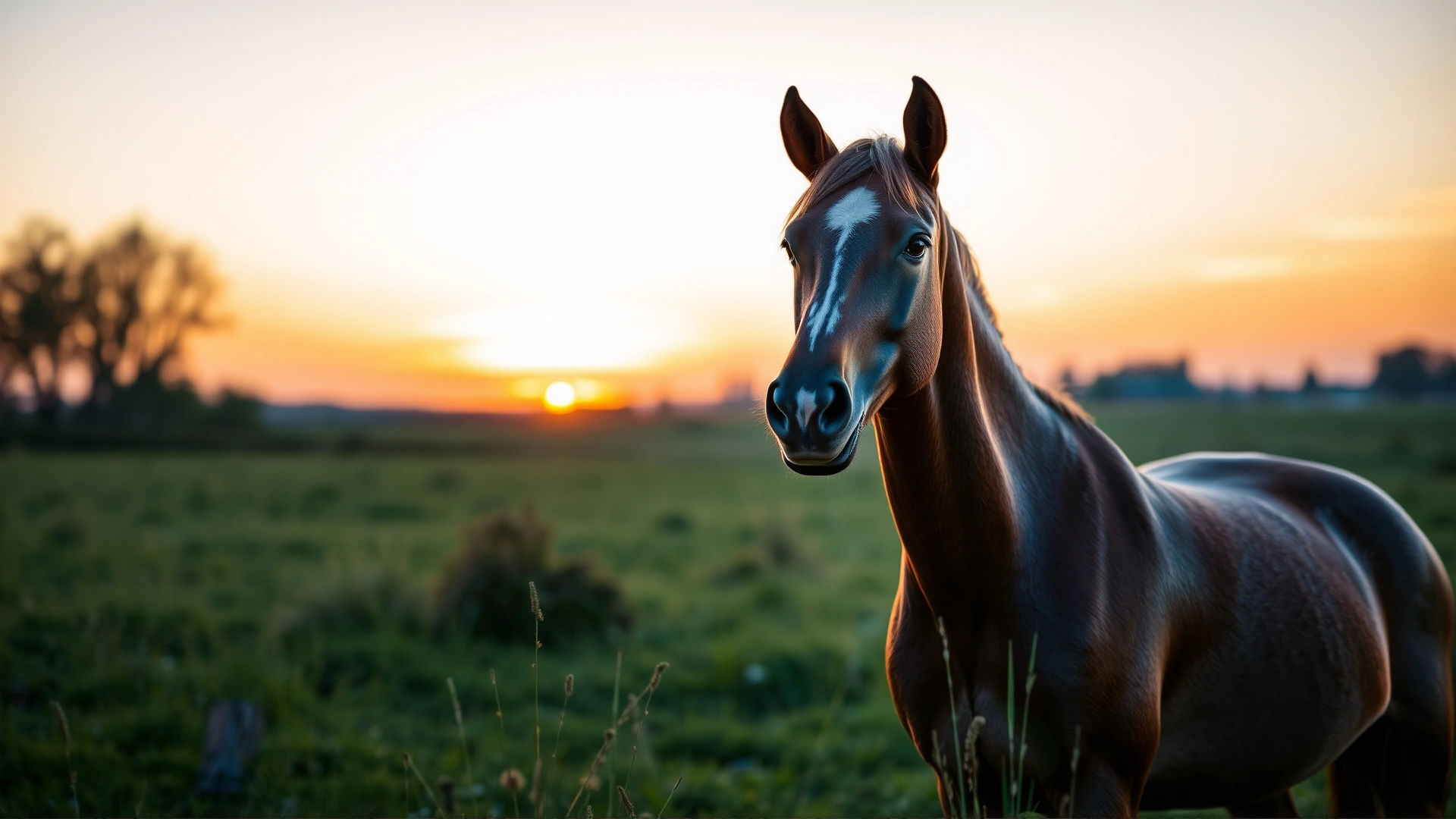 Glossy, healthy-skinned adult horse standing confidently in a meadow at sunset, symbolizing recovery, warm tones.