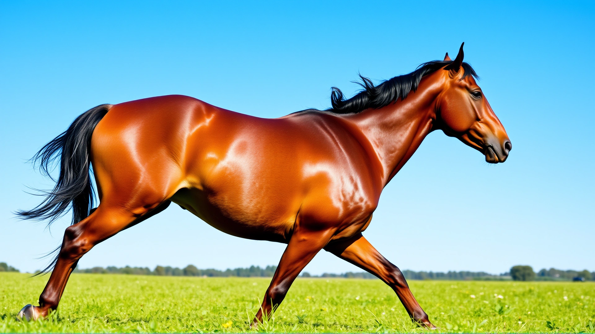 Side profile of a fit, glossy-coated horse galloping freely in a lush green pasture under a clear blue sky.