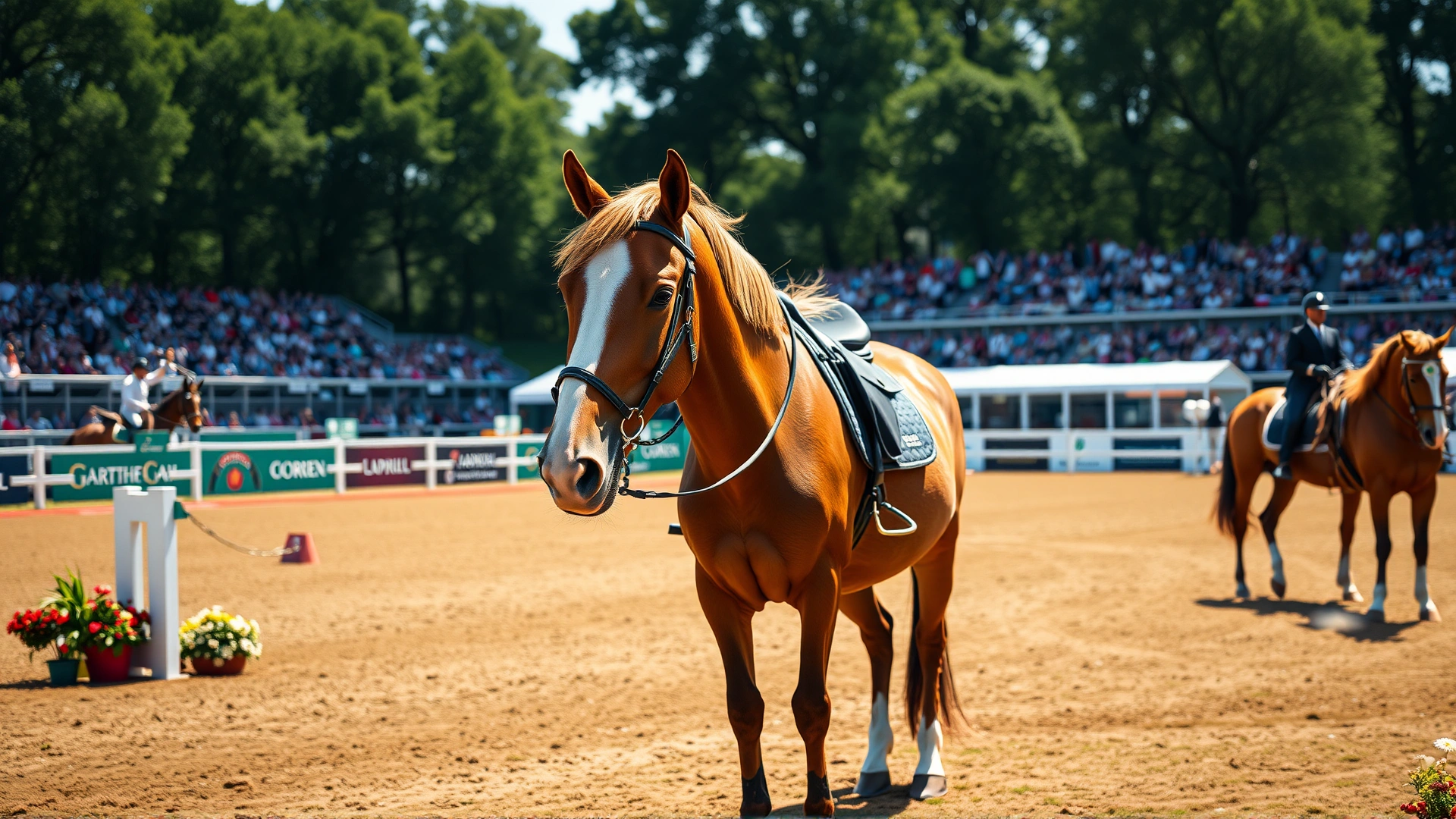 Vibrant equestrian competition setting with healthy, groomed horses and riders preparing in the background, symbolizing the requirement of negative Coggins tests for events.