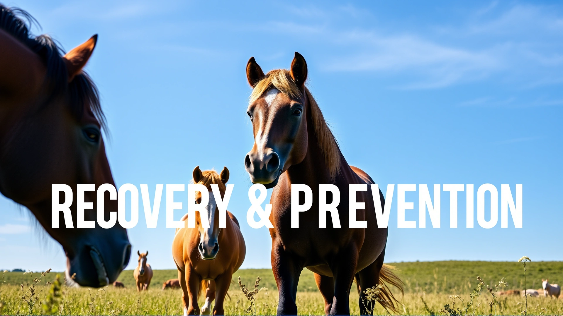 Group of three healthy horses grazing in a lush pasture under clear blue sky, symbolizing recovery and prevention.