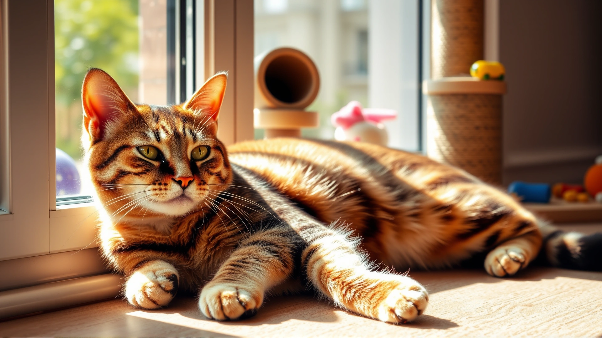Relaxed indoor cat lounging by a sunny window with toys and scratching post in background, illustrating healthy indoor lifestyle.