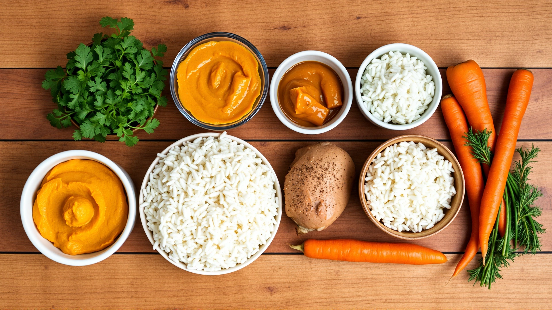 Flat lay of fresh dog-friendly ingredients such as boiled chicken, white rice, pumpkin puree, and carrots arranged neatly on a wooden surface.