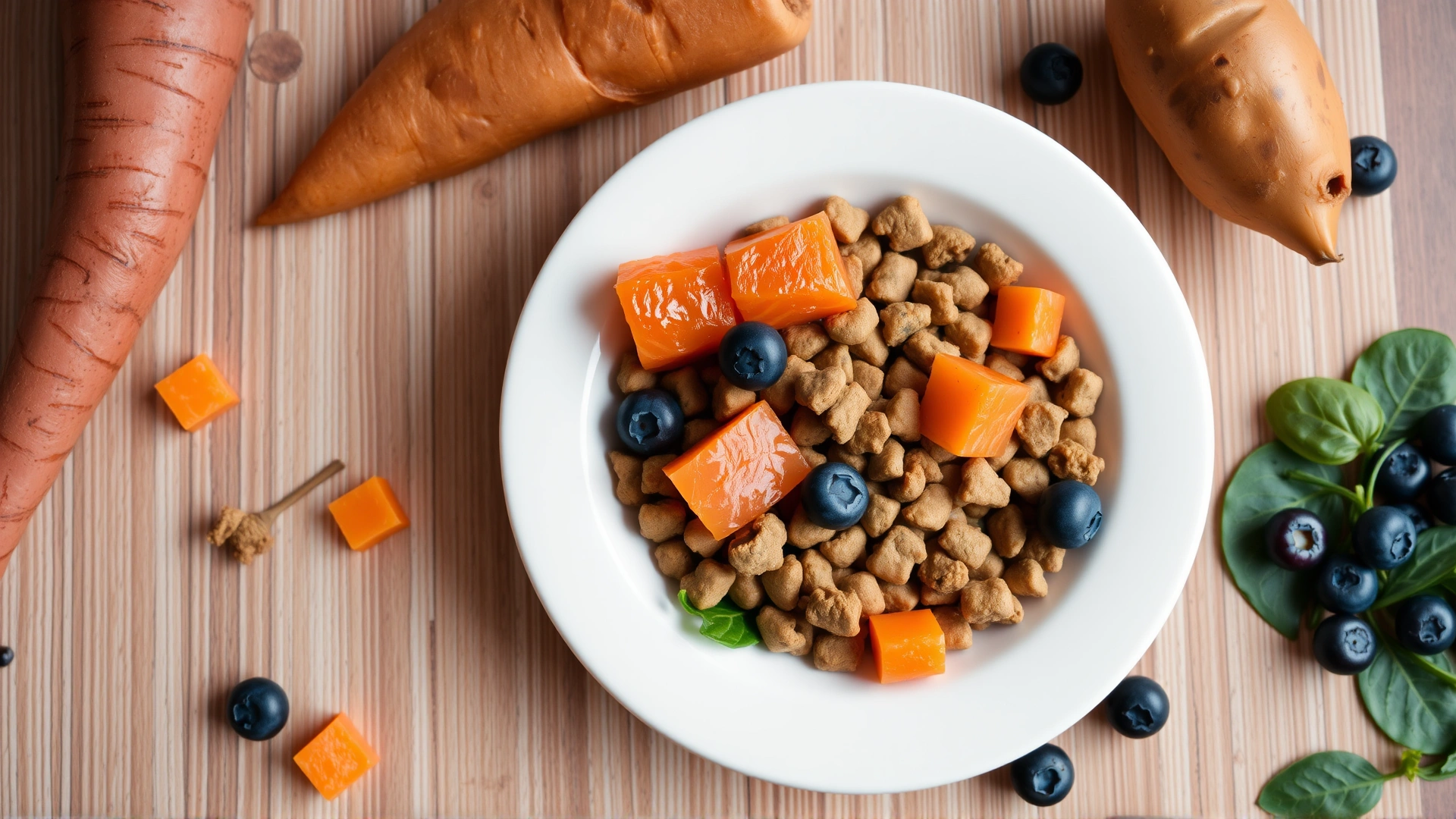 Flat lay of high-quality kibble surrounded by fresh salmon, sweet potatoes, blueberries, and spinach on a wooden surface.
