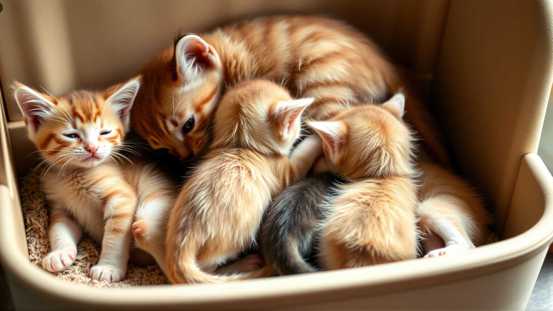 A litter of healthy newborn kittens nursing from their mother in a comfortable nesting box, natural light, no text.