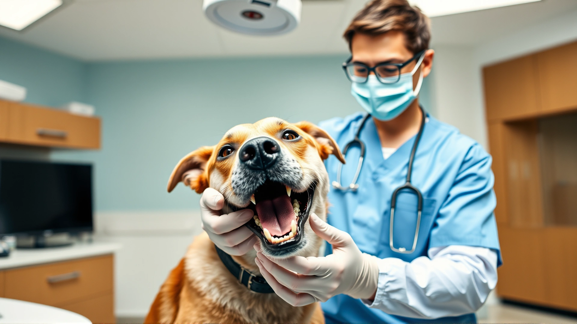 Vet gently examining a dog's teeth in a bright, modern clinic, illustrating preventive care.