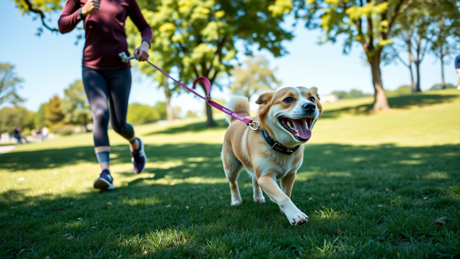 Happy fit dog running with its owner in a sunny park, showcasing active lifestyle and weight management.