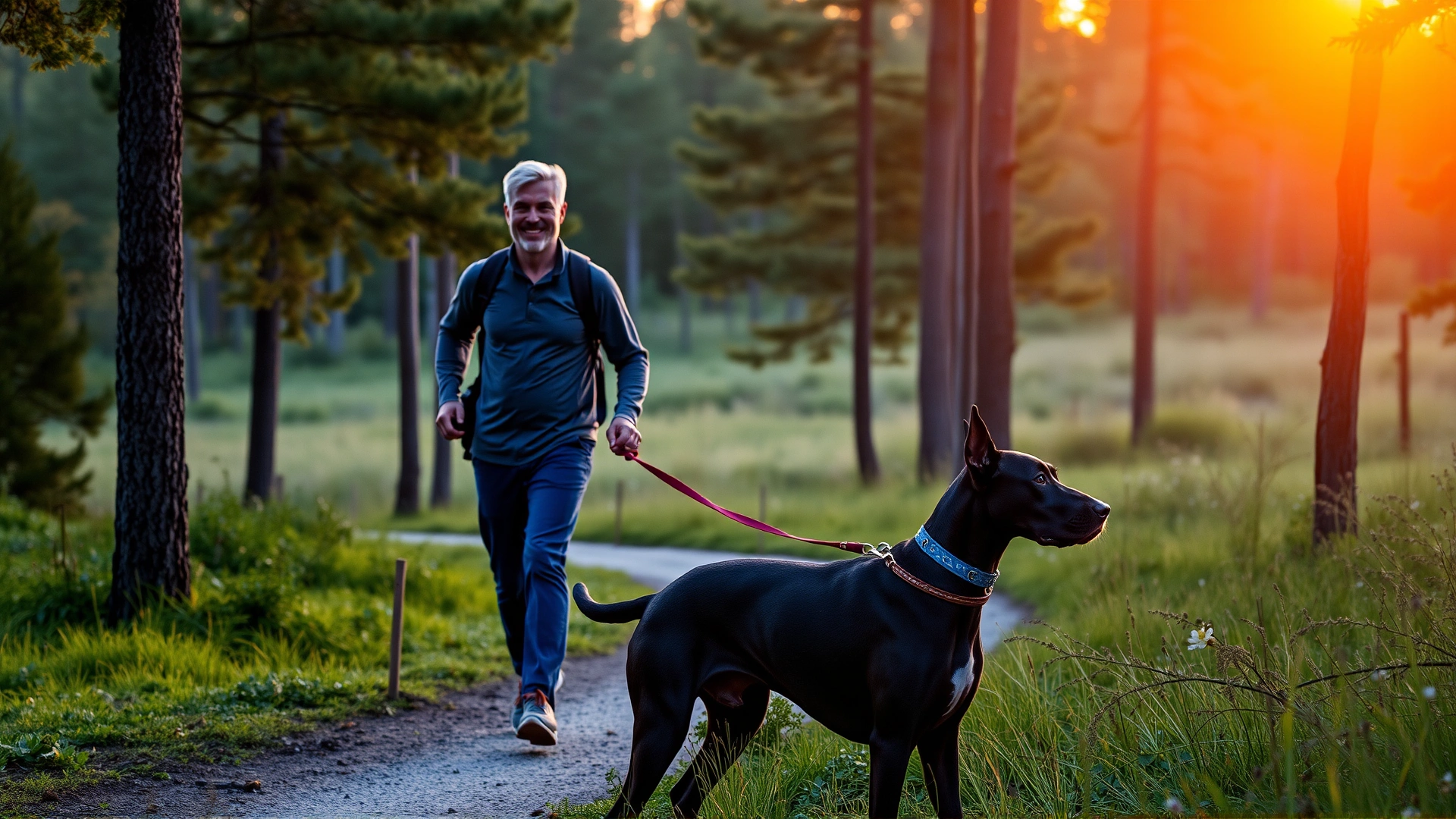 Owner walking a fit Great Dane along a scenic forest trail at sunset, conveying healthy lifestyle, no text.