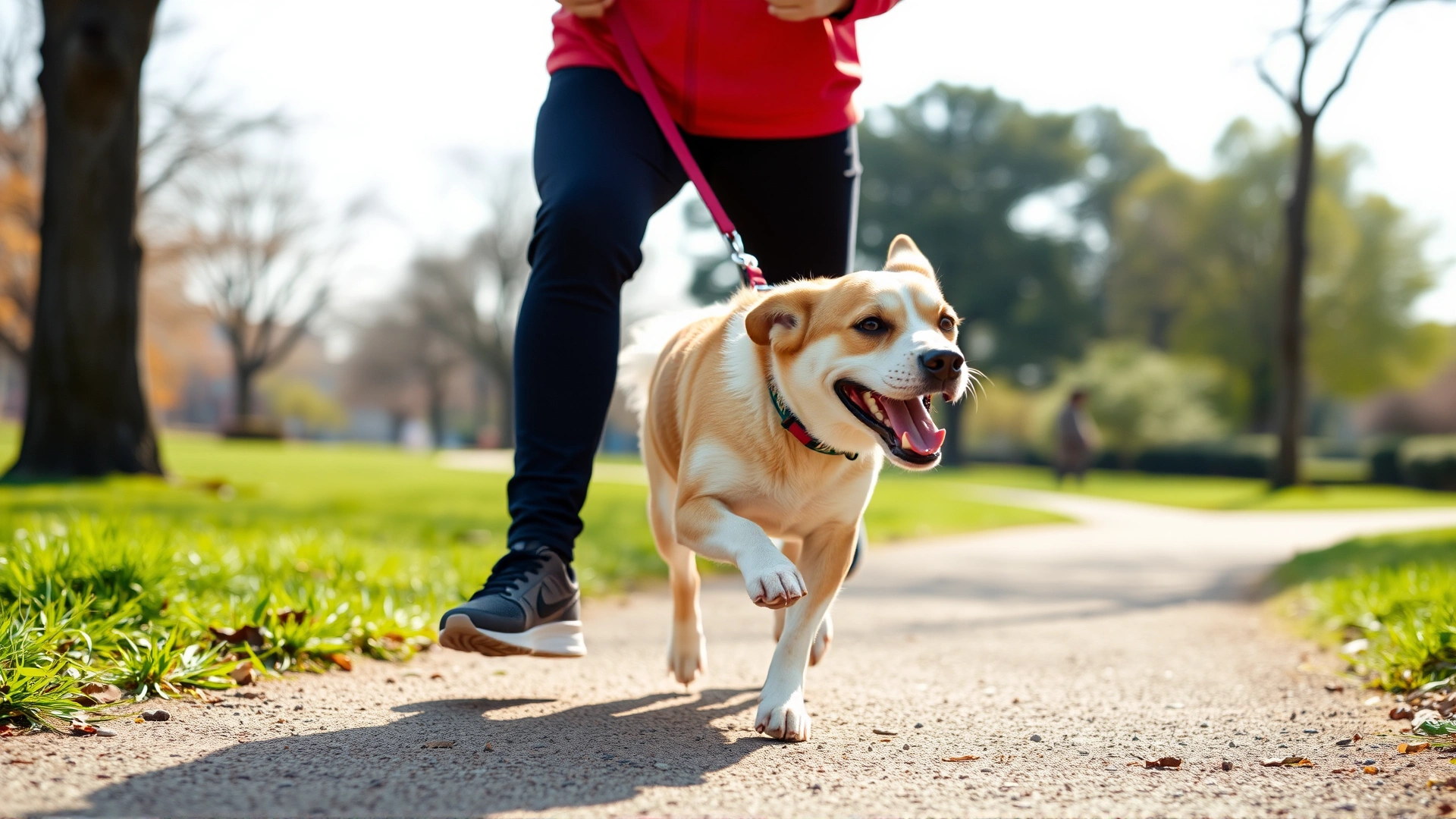 Energetic dog running alongside its owner in a sunny park, capturing the concept of a healthy lifestyle after recovery.