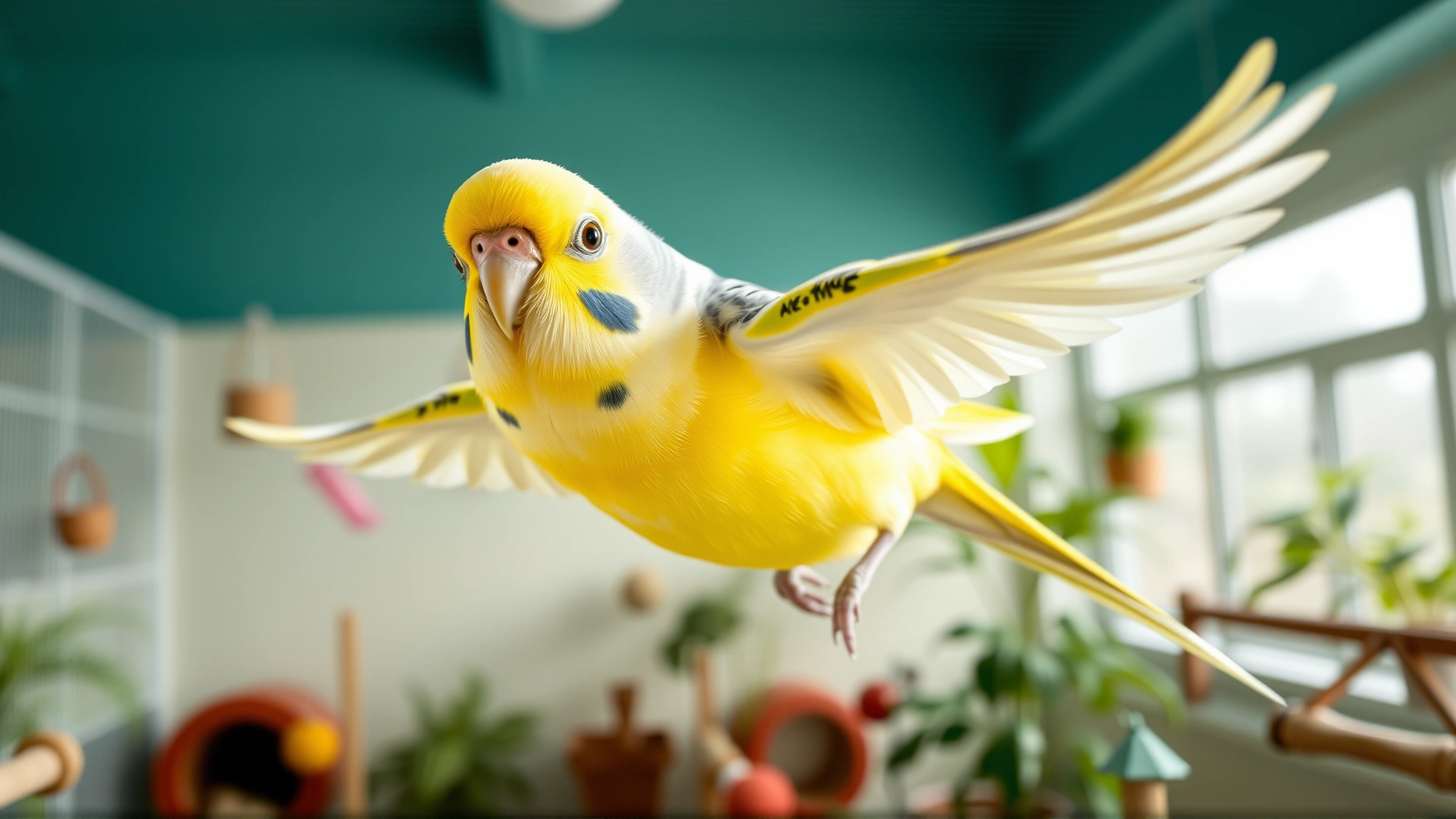 Happy budgerigar flying freely in a spacious indoor aviary with toys and greenery, bright daylight
