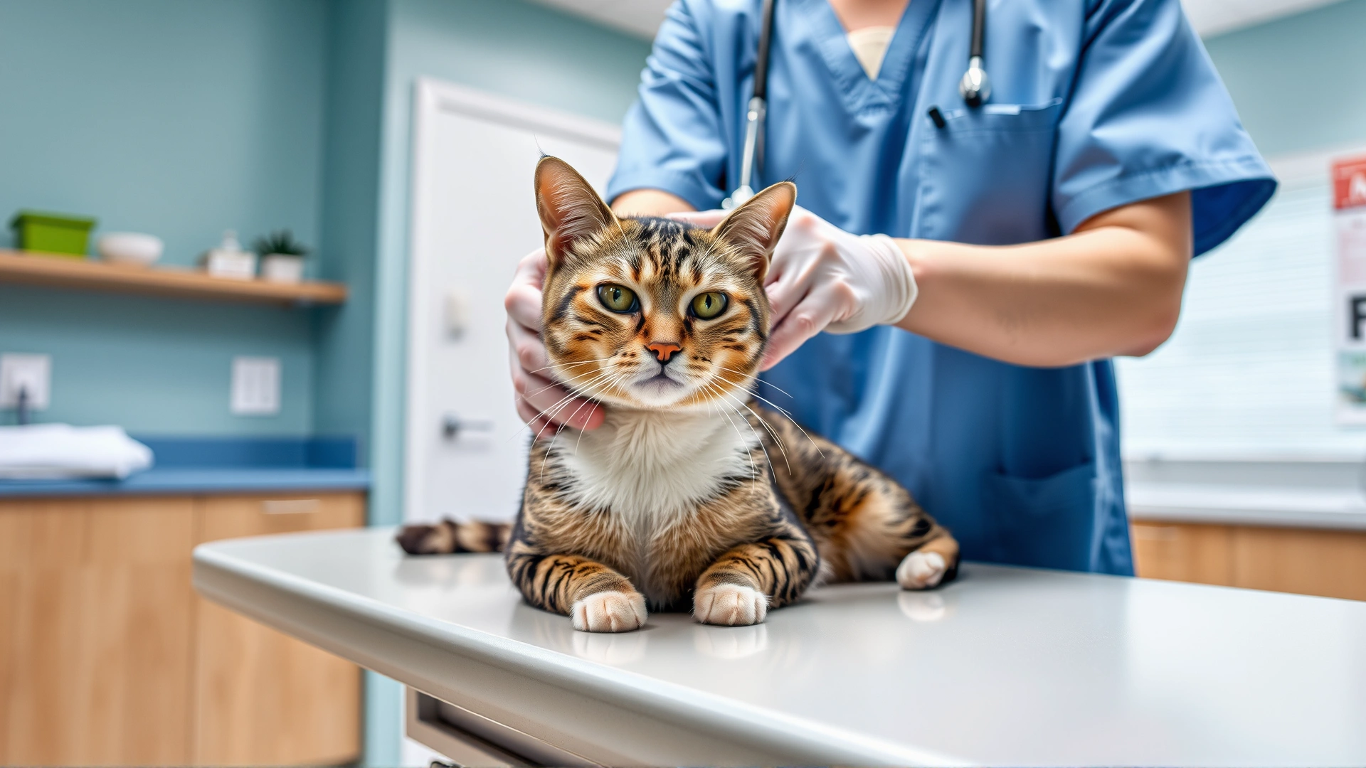 Indoor scene of a veterinarian gently examining a calm adult cat on an exam table, bright clinic environment, no text.