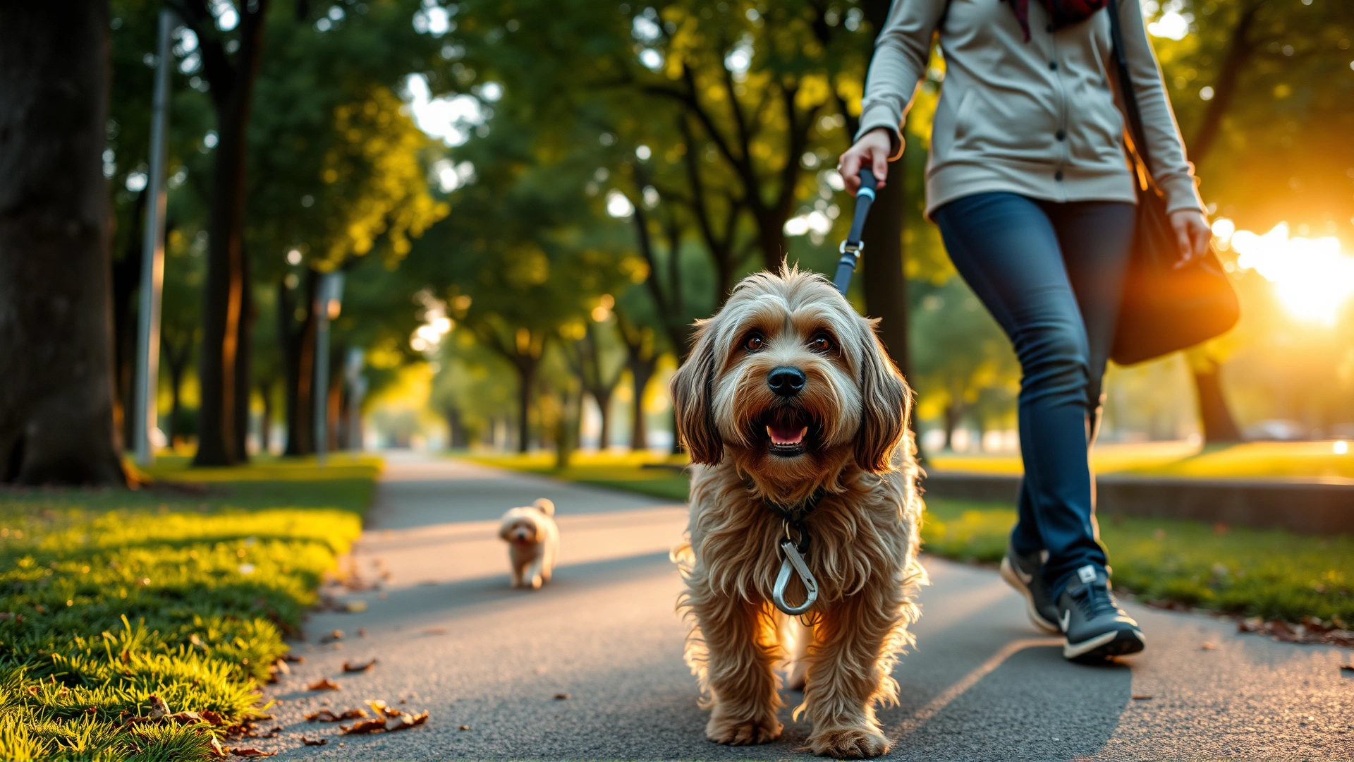 Bolognese dog on leash walking with its owner in a leafy city park during golden hour, light filtering through trees.