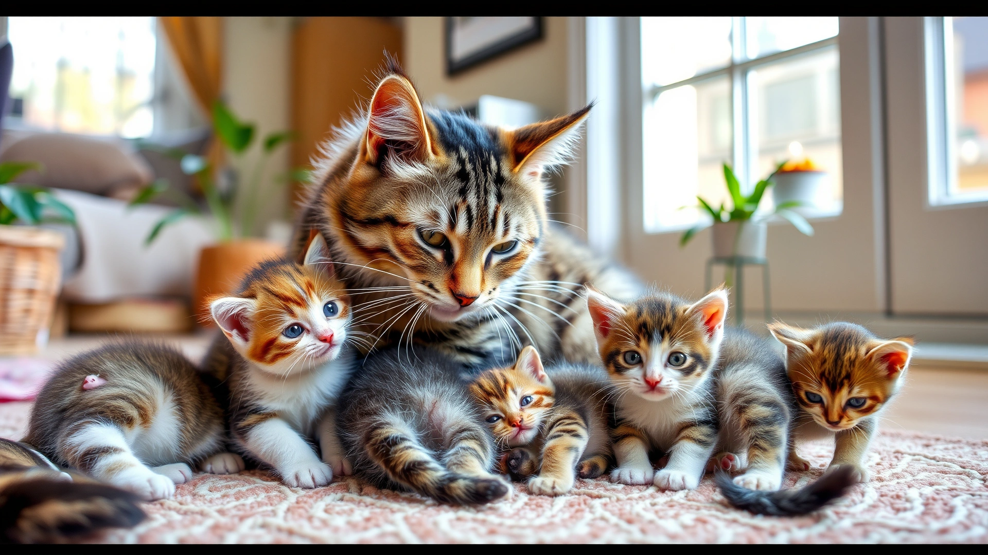 Mother cat grooming a healthy, playful litter of kittens in a bright, cozy home environment