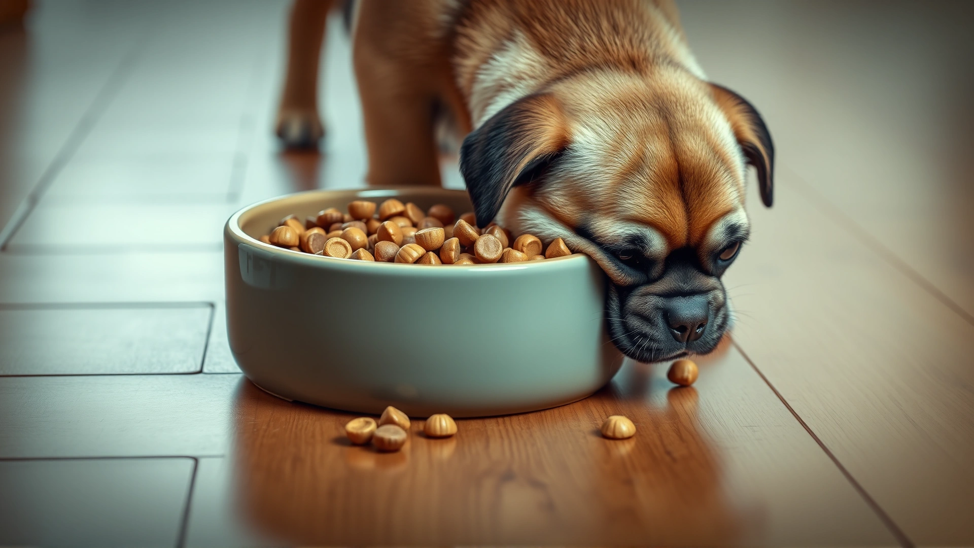 A small ceramic dog bowl filled with balanced kibble on a wooden floor with a curious Chug sniffing the edge.