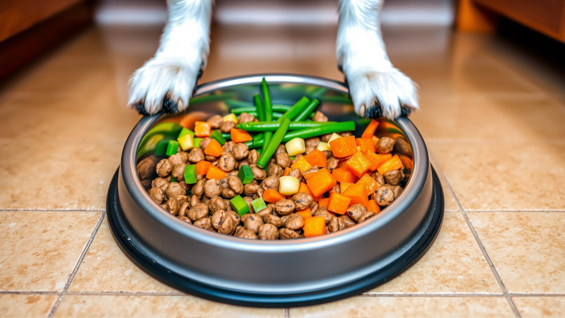 Dog food bowl filled with portion-controlled kibble and colorful chopped vegetables like carrots and green beans on a kitchen floor.