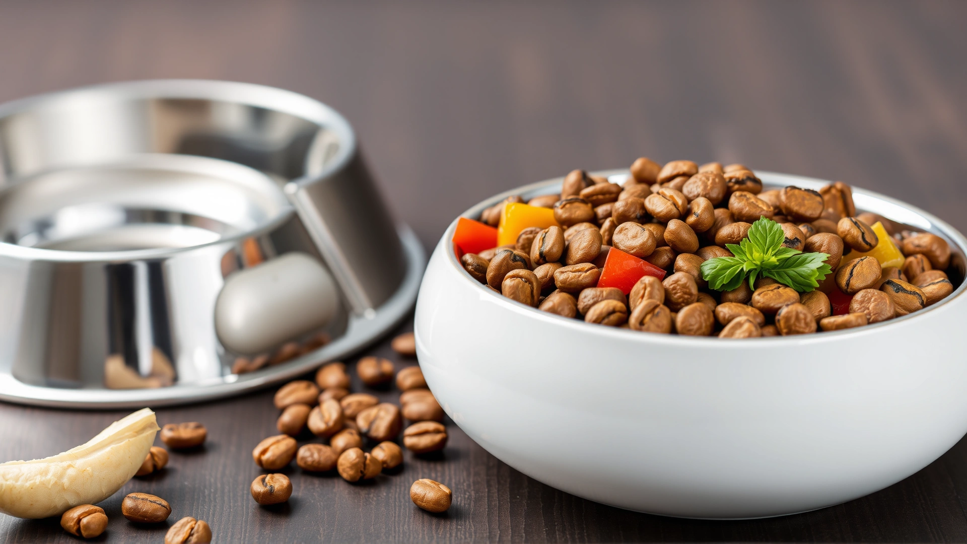 Bowl filled with balanced dry dog food and fresh vegetables beside a stainless steel water bowl