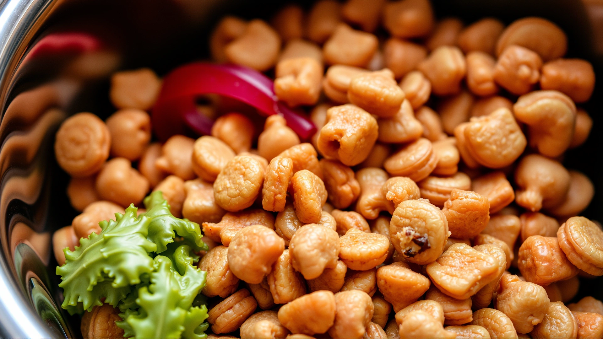 Close-up of a balanced portion of high-quality kibble and fresh vegetables in a stylish pet bowl